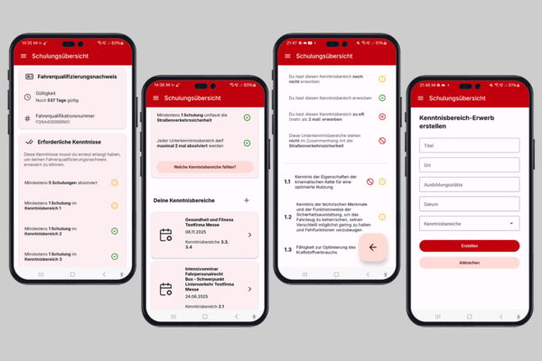 Schulungsübersicht mit Kenntnisbereichen und Fälligkeiten in der SBS FleetPilot360 App