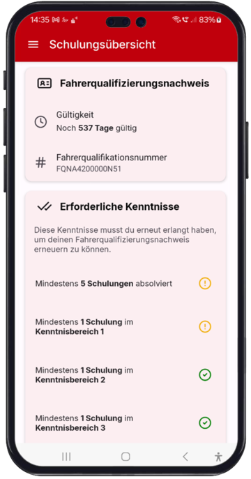 Fahrerqualifizierungsnachweis (FQN) und Übersicht in der SBS FleetPilot360 App