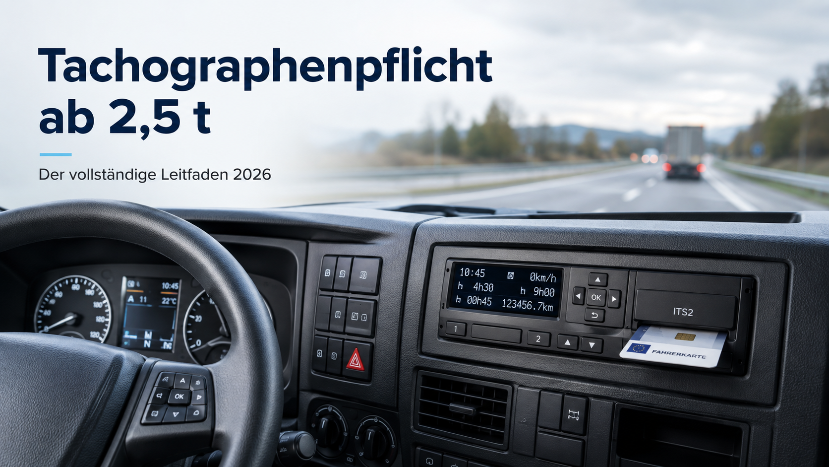 Intelligenter Tachograph ITS2 mit eingesteckter Fahrerkarte im Cockpit eines Nutzfahrzeugs – Tachographenpflicht ab 2,5 Tonnen ab 2026